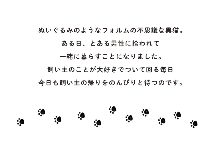 ぬいぐるみのようなフォルムの不思議な黒猫。ある日、とある男性に拾われて一緒に暮らすことになりました。飼い主のことが大好きでついて回る毎日今日も飼い主の帰りをのんびりと待つのです。